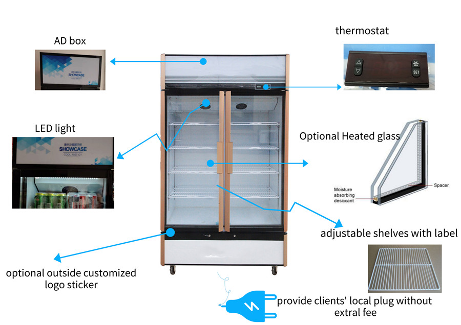 Hot Sell Fan Cooling 2 Door Upright Showcase With LED Light