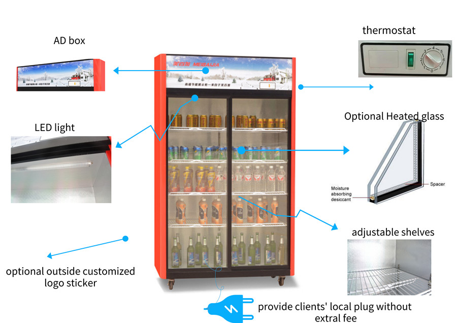 Supermarket Double Glass Door Upright Showcase For Drinks